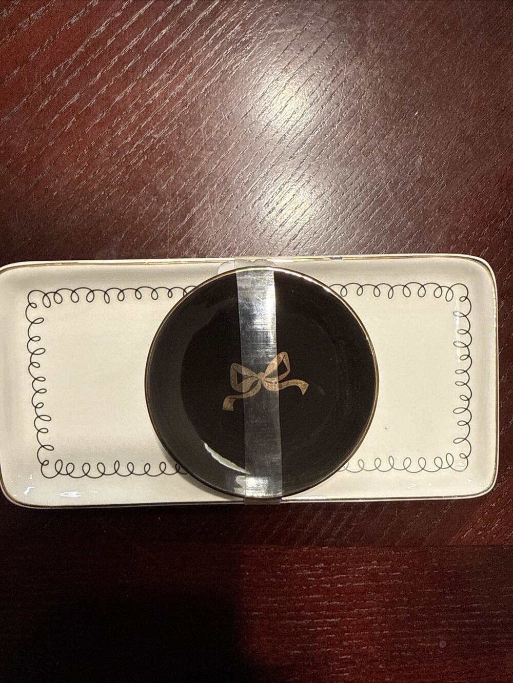 A New Day Ceramic Bow Trinket Ring Tray Black & Gold